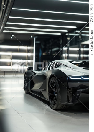 Luxury Electric Hypercar in Showroom with Matte Black Finish and Aerodynamic Design 122751796