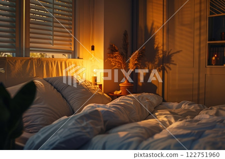 Peaceful Bedroom with Ambient Lighting for Restful Sleep and Relaxation 122751960