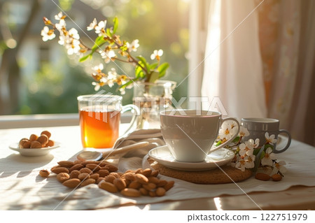 Nutritious Breakfast Spread with Sleep-Aiding Foods in Bright Morning Light for Healthy Living 122751979
