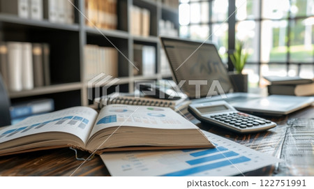 Modern Financial Planner's Workspace with Open Books, Calculator, and Investment Charts Display 122751991