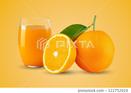 Fresh orange juice and orange fruit isolated on a orange background Fresh orange juice and orange fruit isolated on a orange background 122752028