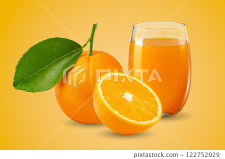 Fresh orange juice and orange fruit isolated on orange background 122752029