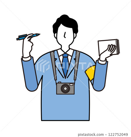 一位男記者拿著筆記和相機報導的插圖 122752049