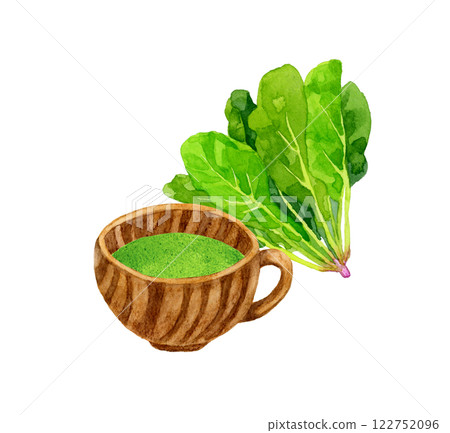 菠菜濃湯和菠菜套裝烹飪和食物的手繪水彩插畫素材 122752096