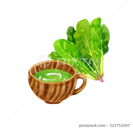菠菜濃湯和菠菜套裝烹飪和食物的手繪水彩插畫素材 122752097