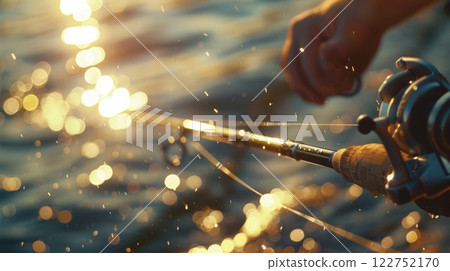 Sunlit Fishing Adventure: Close-Up of Rod and Reel at Water's Edge for Outdoor Enthusiasts 122752170