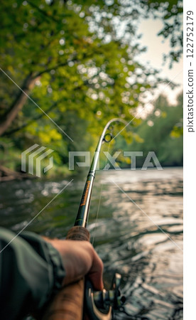 Angler Demonstrates High-End Feeder Rod's Features Amidst Scenic Riverbank Setting 122752179