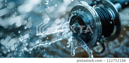 Dynamic Splash: High-End Feeder Fishing Rod Reel Partially Submerged in Water 122752186