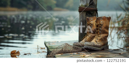 Rustic Fishing Boots and Net on Wooden Dock by Serene Lakeside for Outdoor Adventure Themes Rustic Fishing Boots and Net on Wooden Dock by Serene Lakeside for Outdoor Adventure Themes 122752191