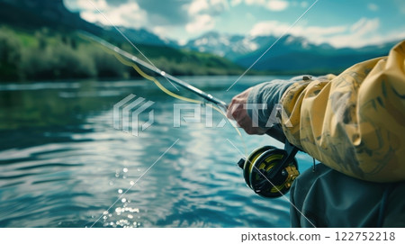 Fisherman Mid-Cast by Tranquil Lake with Mountain Backdrop for Outdoor Adventure and Recreation 122752218