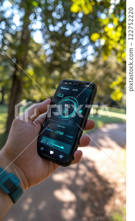 Smart Fitness Tracking During Morning Jog in a Lush Park Setting Smart Fitness Tracking During Morning Jog in a Lush Park Setting 122752220