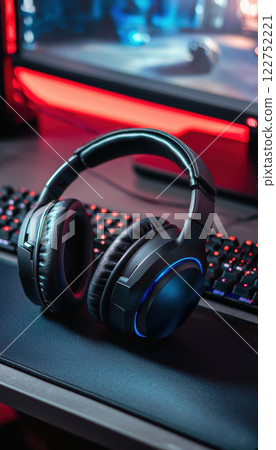 Sleek Gaming Headset with RGB Accents on Gaming Desk Setup 122752221