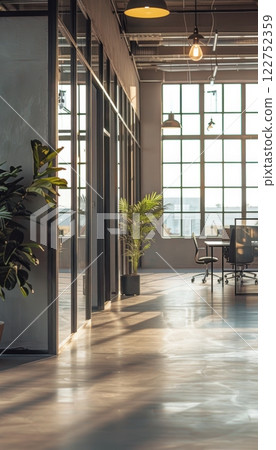 Modern Office Space with Natural Light and Professionals Discussing New Project Plans 122752359