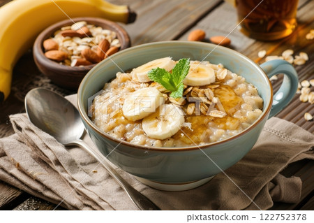 Sleep-Promoting Breakfast with Oatmeal, Bananas, and Herbal Tea in Natural Morning Light 122752378