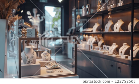 Chic Jewelry Store Interior Showcasing Elegant Bespoke Designs for Unique Shopping Experience 122752505