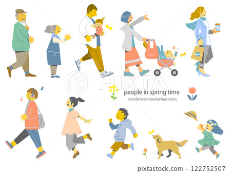 各種各樣的人享受春天——豐富多彩、有趣的平面插圖 122752507