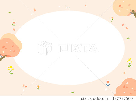 櫻花盛開的正方形圓形框架－色彩繽紛、充滿樂趣的水彩風格插圖 122752509