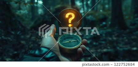 Guidance and Exploration Concept with Compass and Glowing Question Mark in Mysterious Forest 122752684