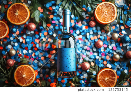 Bottle of wine is surrounded by oranges and confetti on blue background 122753145