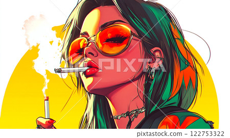 Illustration of a woman wearing sunglasses smoking a cigarette 122753322