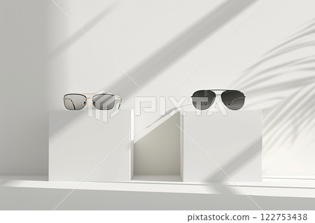 Trendy sunglasses of different design, eyeglasses on podiums. Minimalism. Eyewear and spectacles sale. Optic shop. Fashion glasses. summer accessories. Copy space for text. Optic store discount poster Trendy sunglasses of different design, eyeglasses on podiums. Minimalism. Eyewear and spectacles sale. Optic shop. Fashion glasses. summer accessories. Copy space for text. Optic store discount poster 122753438