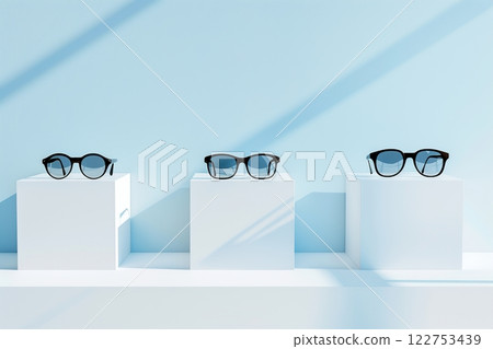 Trendy sunglasses of different design, eyeglasses on podiums. Minimalism. Eyewear and spectacles sale. Optic shop. Fashion glasses. summer accessories. Copy space for text. Optic store discount poster Trendy sunglasses of different design, eyeglasses on podiums. Minimalism. Eyewear and spectacles sale. Optic shop. Fashion glasses. summer accessories. Copy space for text. Optic store discount poster 122753439