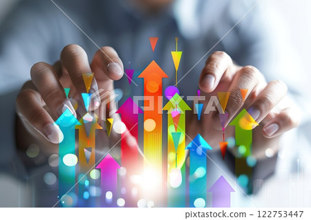 Increased profits. Benchmarking. Businessman analyzes profitability of working companies with digital augmented reality graphics, positive indicators, growing up graph and charts, colorful arrows. 122753447