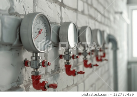 Row of industrial high pressure gas gauge meters. Water pressure gauge. Gas volume, temperature control device. Factory, plant workshop, equipment. Copper pipeline of heating system in boiler room. 122753459