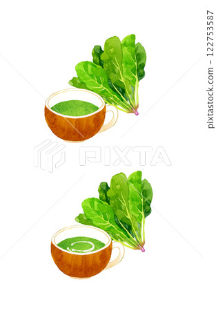 菠菜濃湯和菠菜套裝烹飪和食物的手繪水彩插畫素材 菠菜濃湯和菠菜套裝烹飪和食物的手繪水彩插畫素材 122753587