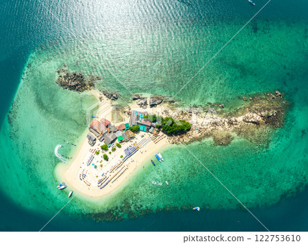 Aerial view drone shot of Amazing small island beautiful tropical sandy beach landscape view at koh Khai Island in Phang Nga Thailand 122753610