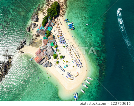 Aerial view drone shot of Amazing small island beautiful tropical sandy beach landscape view at koh Khai Island in Phang Nga Thailand 122753615