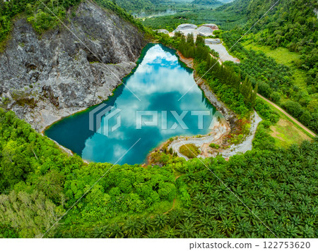 Aerial view of amazing pond in tropical rainforest with mountain rocks peak, Beautiful water surface in Phang Nga Thailand 122753620