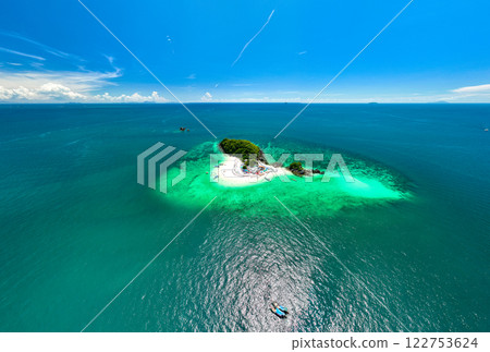 Aerial view drone shot of Amazing small island beautiful tropical sandy beach landscape view at koh Khai Island in Phang Nga Thailand 122753624