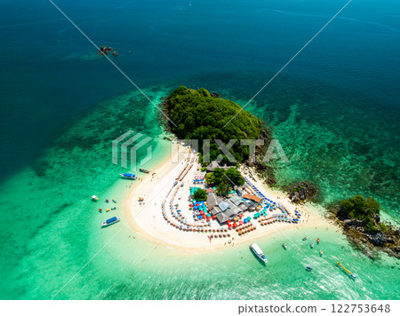 Aerial view drone shot of Amazing small island beautiful tropical sandy beach landscape view at koh Khai Island in Phang Nga Thailand 122753648