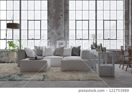 Modern living room with large windows 122753989