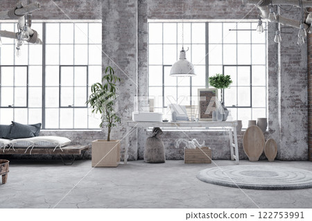 Modern dining area with green kitchen 122753991