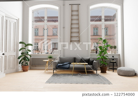room with arched windows, gray sofa, and plants. 122754000
