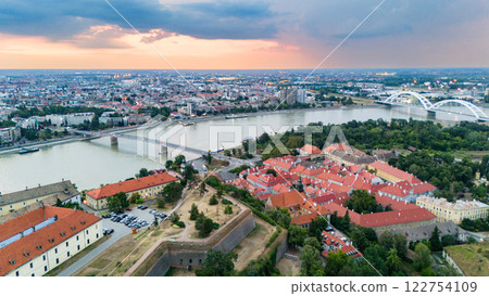 Aerial view of Petrovaradin fortress and Danube river in Novi Sad Serbia with city skyline 122754109