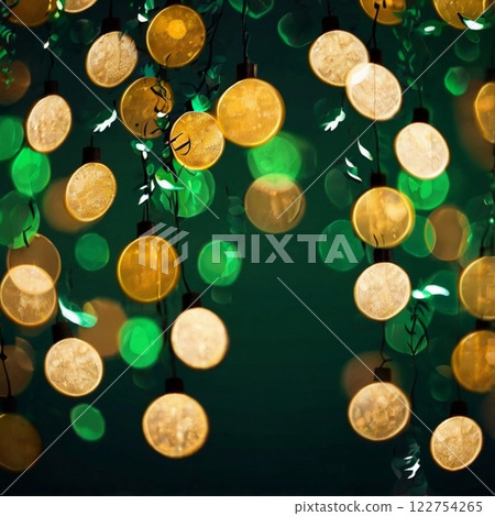 Glowing golden and green fairy lights hanging beautifully. Glowing golden and green fairy lights hanging beautifully. 122754265