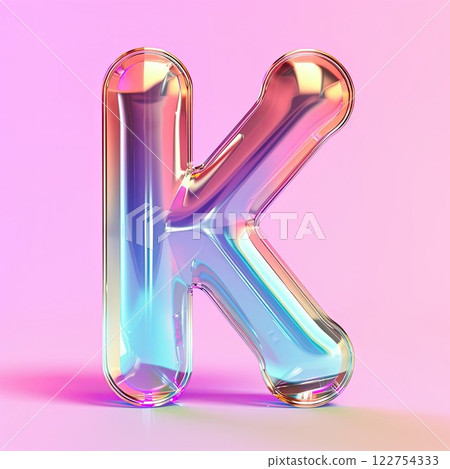 Letter K, transparent glass effect. Glossy typographic sign with plastic purple reflection. 122754333