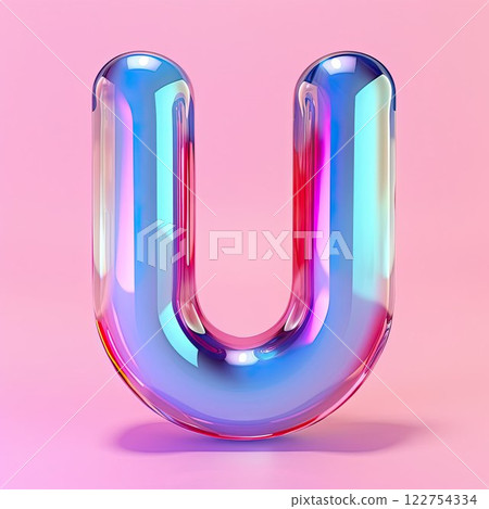 Letter U, transparent glass effect. Alphabetic pink neon font 122754334