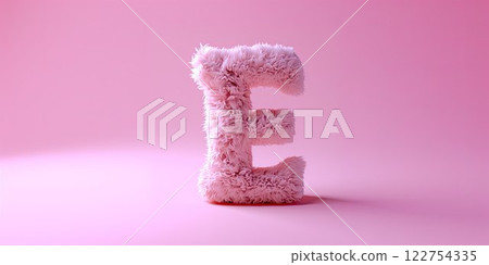 Fur letter E, 3D alphabet. Hair fluffy english font for kids education. Creative typographic element 122754335