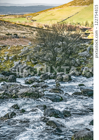 Fast-moving water flows over dark rocks in a stream. A small tree lacking leaves is found near the riverbank. The land gently rises to hills. Fast-moving water flows over dark rocks in a stream. A small tree lacking leaves is found near the riverbank. The land gently rises to hills. 122754815