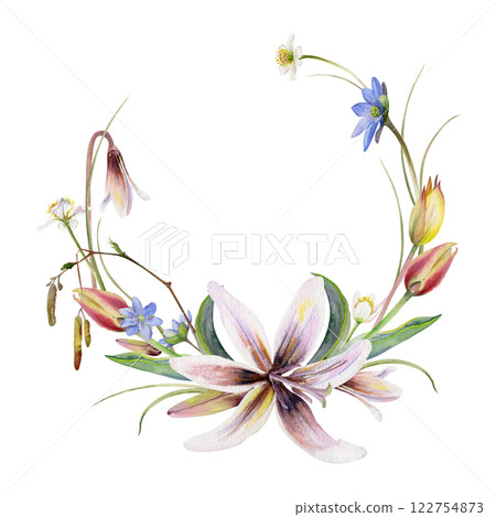 Branch with catkins, spring flowers, yellow and red tulip, fawn trout lily, blue hepatica forget-me-not hand drawn in watercolor. Wreath frame illustration isolated on white. Wedding, florist shop Branch with catkins, spring flowers, yellow and red tulip, fawn trout lily, blue hepatica forget-me-not hand drawn in watercolor. Wreath frame illustration isolated on white. Wedding, florist shop 122754873