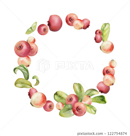 Cranberry lingonberry on branch with green leaves, ripe forest berry wintergreen bearberry teaberry cluster group, watercolor hand drawn. Isolated circle wreath frame. Farmers market, home preserves 122754874