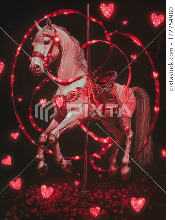 A dreamy carousel horse wrapped in glowing red ribbons and surrounded by floating pink 1hearts 122754980