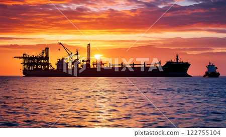 a beautiful sunset over the ocean, with a large ship and offshore oil drilling platforms. 122755104