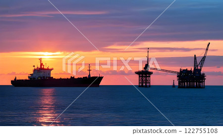a beautiful sunset over the ocean, with a large ship and offshore oil drilling platforms. a beautiful sunset over the ocean, with a large ship and offshore oil drilling platforms. 122755108