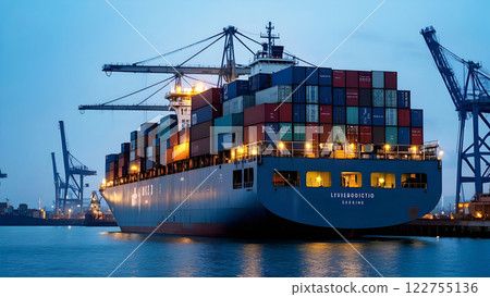 A large container ship with numerous colorful shipping containers stacked on its deck. A large container ship with numerous colorful shipping containers stacked on its deck. 122755136