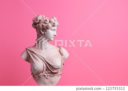 A graceful Greek woman statue on a gentle pink background. Created with generative AI tools 122755312